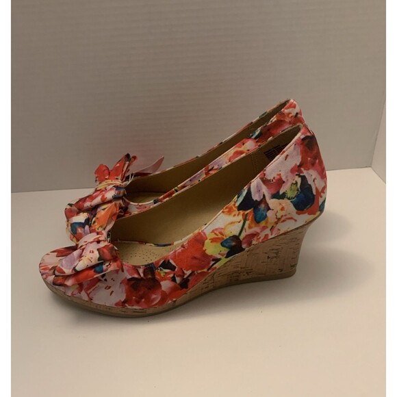 Dexflex Comfort Womens 8.5 Floral Wedge Bowtie Heels Colorful Peep Toe Shoes NEW - Picture 2 of 9